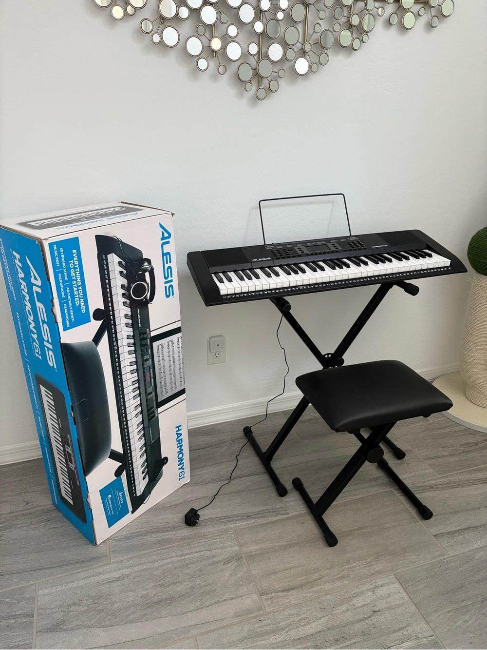 Black 61-Key Electronic Keyboard with Stand and Bench